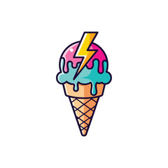 Electric Ice Cream Cone Illustration. This playful dessert features a bold lightning emblem, representing a burst of energy and electrifying taste. Ideal for fun designs.