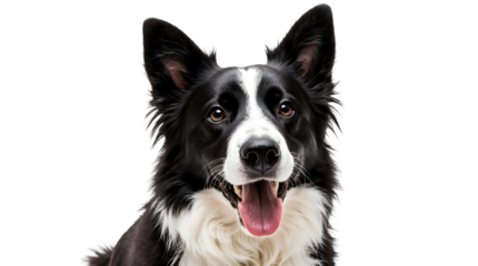 A happy, panting Border Collie with a black and white coat, alert ears, and a dark brown eye, set against a plain white backdrop, looking directly at the viewer