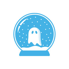 Charming Ghost in Blue Snow Globe. A delightful specter resides within a snowy crystal sphere. This playful apparition evokes a sense of whimsical charm, blending spooky fun with wintry enchantment.