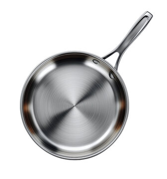 Empty stainless steel frying pan on transparent background