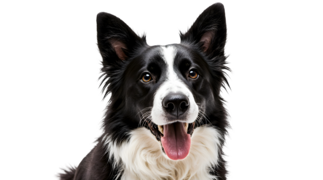 A happy, panting Border Collie with a black and white coat, alert ears, and a dark brown eye, set against a plain white backdrop, looking directly at the viewer