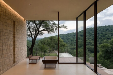 Fototapeta premium Sleek bathtub in a modern bathroom with nature views