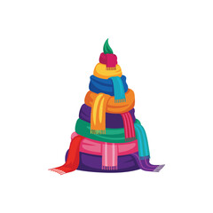 Warm Colorful Winter Clothing Pile. A vibrant assortment of knitted scarves and snug caps arranged as a festive pyramid. This illustration evokes the cheerful spirit of the chilly season and cozy.