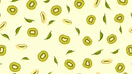 Bright and seamless pattern wallpaper design with mesmerizing kiwi image on soft white background.