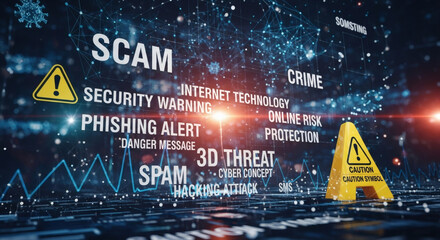 A digital representation of cybercrime threats, including scam, phishing, and hacking, with warning signs and glowing data streams