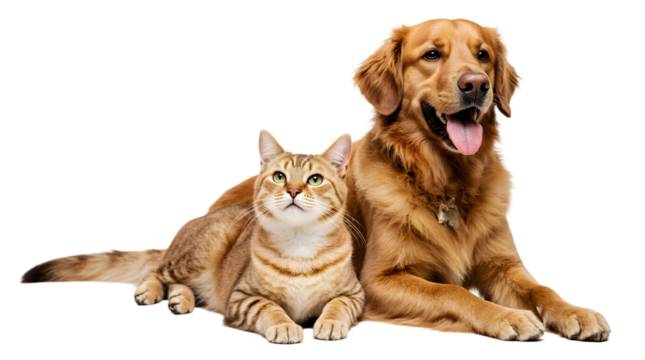 Showcasing an adorable friendship, a beautiful tabby cat and a happy golden retriever dog are lying down together peacefully, isolated on a clean white background.