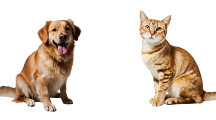 An adorable golden retriever and a cute ginger tabby cat sitting together as best friends. A concept of pet friendship and companionship isolated on white.