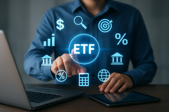 Investor interacting with virtual interface showing etf icon and financial market symbols for digital trading analytics portfolio planning in smart finance technology system