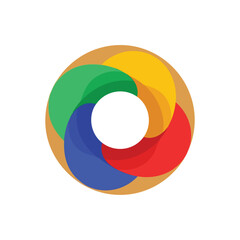 Fototapeta premium Dynamic Colorful Abstract Circle Symbol. A bright, swirling artistic graphic in green, yellow, red, and blue. This harmonious form suggests lively interaction, process, and collective energy.