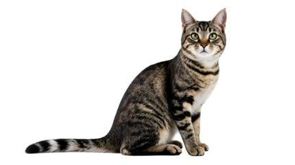 A tabby cat sitting calmly against a clean white background, perfect for pet-related content and animal-themed designs