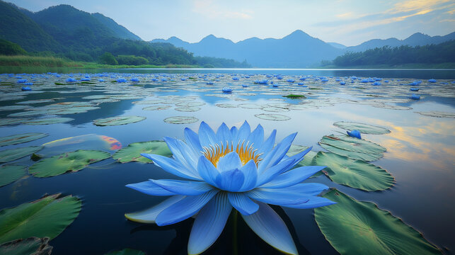 AI generator image of lake is crystal clear water. Deep in the center of the lake, a gradient blue lotus blooms. Its petals are as soft as silk, and the gradient color changes from deep blue