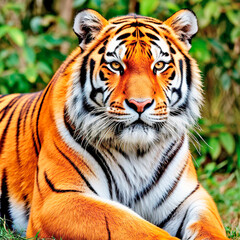 Fototapeta premium Tiger resting calmly in lush greenery during daytime 