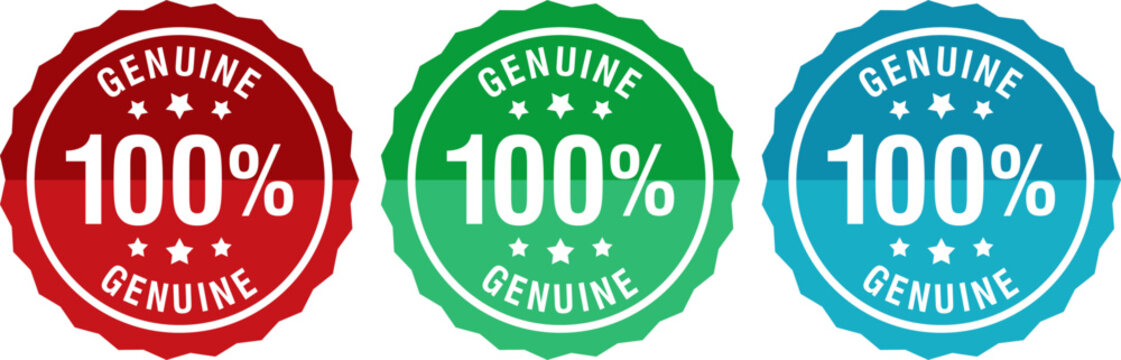 100% genuine guarantee badge with stars in rounded shape. Vector certified icon for quality assurance, original product, authenticity seal, warranty, and trust approval design.