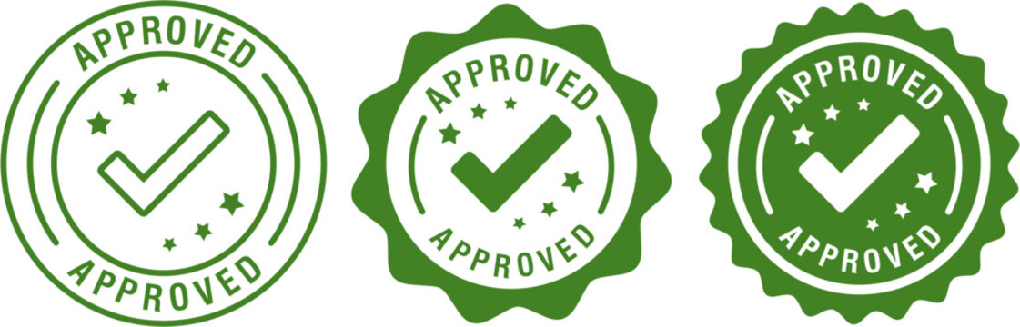 Set of green approved stamp seals, emblems, and circle badge logos with check marks. Vector approval icons for verification, certified, quality guarantee, and trusted confirmation.