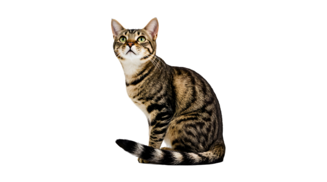 Elegant Striped Tabby Cat with Striking Green Eyes Sitting Against a Clean White Background, showcasing its sleek physique and alert expression