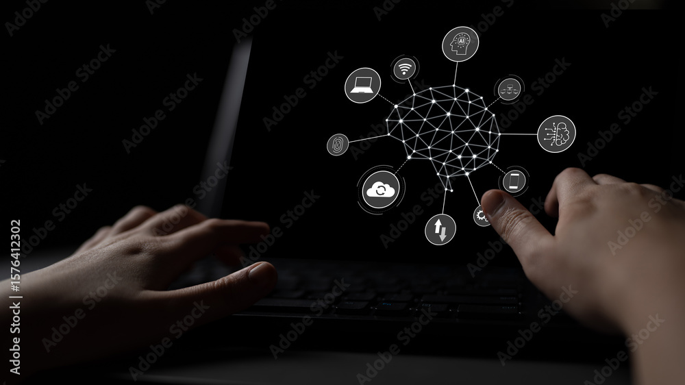 Poster a visual of artificial intelligence network connecting ai, network, and system across a structured d