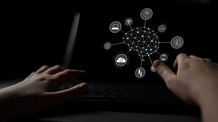 A visual of artificial intelligence network connecting AI, network, and system across a structured...