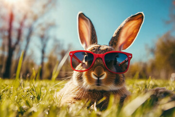 Rabbit lounges in sunglasses during a sunny day in the park
