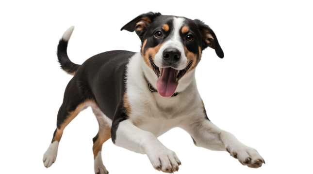 A vibrant and energetic tri-color domestic dog captured mid-action, joyfully running with its tongue out, embodying playful spirit and canine companionship against a clean white background