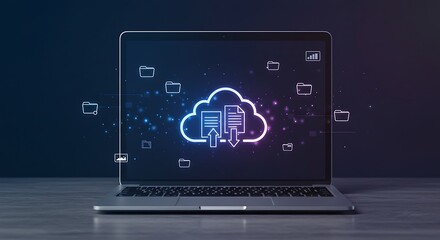 Fototapeta premium Modern laptop displaying cloud storage with file transfer icons and data visualization