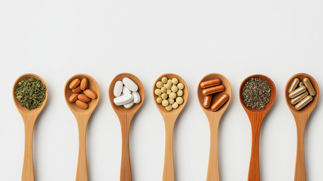 AI generator images of Close-up of a tablespoon filled with various dietary supplements, pills and vitamins. Herbal supplements, natural remedies