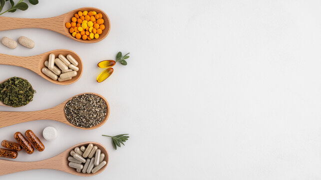 AI generator images of Close-up of a tablespoon filled with various dietary supplements, pills and vitamins. Herbal supplements, natural remedies