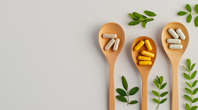 AI generator images of Close-up of a tablespoon filled with various dietary supplements, pills and vitamins. Herbal supplements, natural remedies