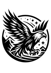 Majestic eagle soaring over mountains in a striking black and white design