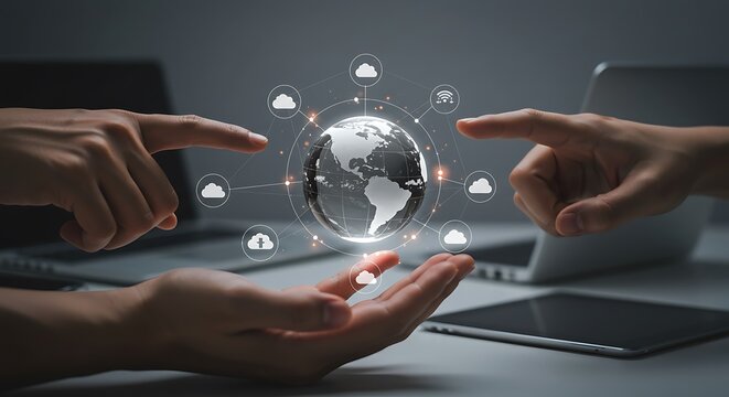 Hands interacting with a digital globe and cloud network icons representing global connectivity