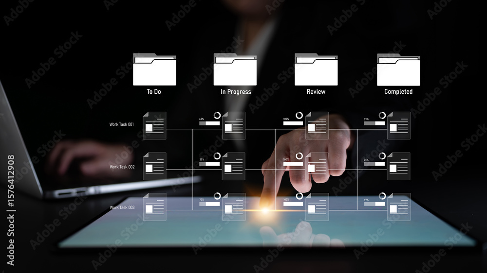 Poster task workflow system showing document progress through stages. task tracking improves productivity, 