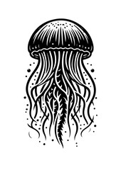 A black and white illustration of a jellyfish