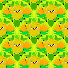Cheerful smiling pineapple character in seamless pattern with leaves on green background