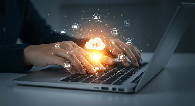 Person typing on laptop with glowing cloud network and digital icons connecting