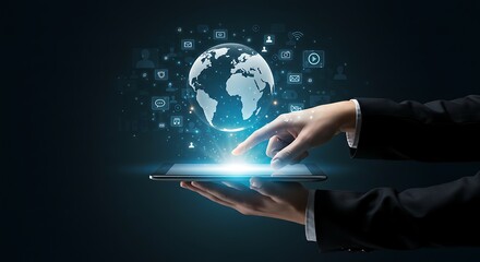 Businessman touching a glowing digital globe with social media icons on a tablet