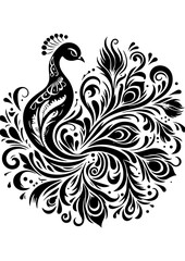 Elegant peacock with ornate feathers isolated on white background