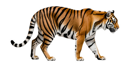 Obraz premium Majestic Bengal Tiger in Profile A Stunning Full-Body Shot Showcasing Striking Stripes and Powerful Presence, Symbolizing Wildlife and Conservation Efforts