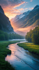 A majestic sunrise illuminates a serene valley