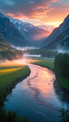A majestic sunrise illuminates a serene valley