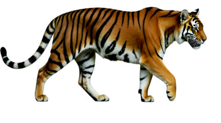 A magnificent Bengal tiger, showcasing its iconic vibrant orange fur and bold black stripes, gracefully walking with inherent power and untamed elegance, isolated on white