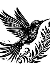 Obraz premium A black and white hummingbird flies among stylized leaves and flowers