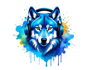 Blue Wolf with Headphones and Abstract Paint Splatter