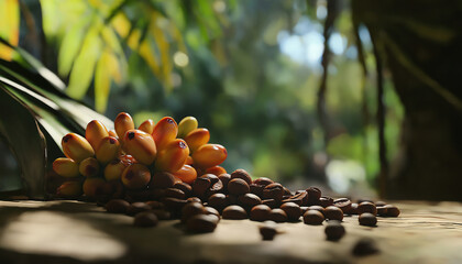 AI generator images of The tranquil harmony of coffee, the journey from bean to cup, fragrant coffee on table with blurred flower background, Coffee Beans in a Sack on the Table with Coffee Farm flora