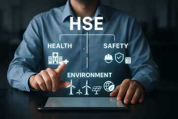 Businessman touching digital hse icon on holographic screen showing health safety and environmental protection integration in smart workplace policy and risk control system