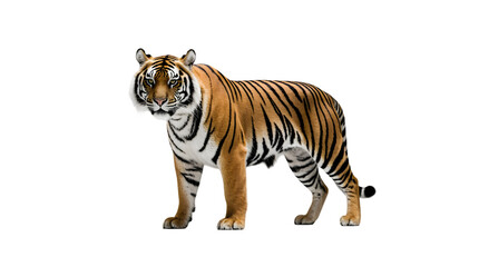 Obraz premium Stunning Close-up of Majestic Tiger on White Backdrop Wildlife Animal with Powerful Stripes and Intense Gaze, Mammal Predator Royalty