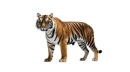 Stunning Close-up of Majestic Tiger on White Backdrop Wildlife Animal with Powerful Stripes and Intense Gaze, Mammal Predator Royalty