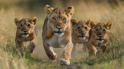 AI generator images of A lion walks with its cubs in the African savanna.Lioness (Panthera leo) and cub