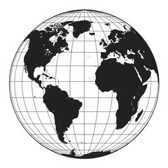 A Detailed Black and White Illustration of the World Globe Showing Continents and Latitude Longitude Grid