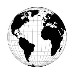 Global Map: A Black and White Illustration of Earth Showing Continents and Latitude Longitude Lines