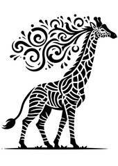 A black and white giraffe stands tall with decorative mane