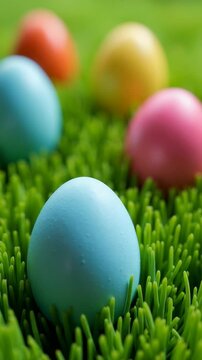 Colorful eggs of various hues are scattered on lush green grass, creating a cheerful spring ambiance. Perfect for celebrations and seasonal promotions.